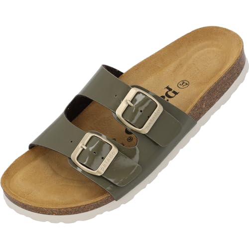 Palado Damen Pantoletten Milos Lack- Sandalen mit Riemen - Hausschuhe mit Natur Kork-Fussbett - bequeme Schuhe mit Sohle aus feinstem Velourleder Khaki UK9 - EU42 von Palado