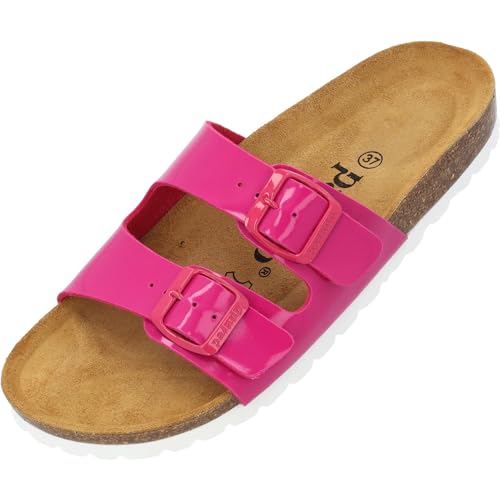 Palado Damen Pantoletten Milos Lack- Sandalen mit Riemen - Hausschuhe mit Natur Kork-Fussbett - bequeme Schuhe mit Sohle aus Velourleder Pink UK3,5 - EU36 von Palado