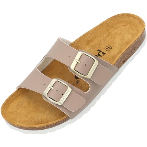 Palado Pantoletten Damen Milos Matt – bequeme Sandalen Made in Spain - Hausschuhe mit dämpfendem Kork-Fußbett - modische Sommerschuhe beige matt UK8 - EU41 von Palado