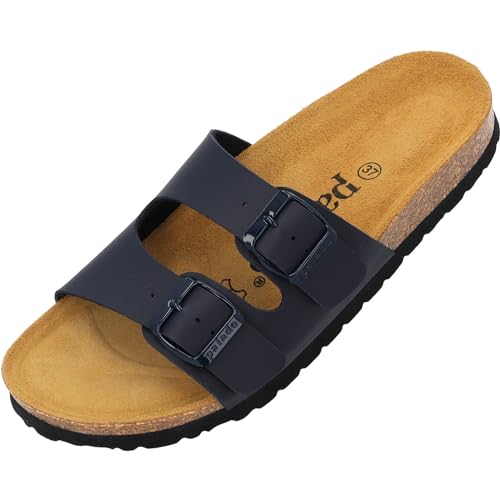 Palado Damen Pantoletten Milos Matt - Sandalen mit Riemen - Hausschuhe mit Natur Kork-Fussbett - bequeme Schuhe mit Sohle aus feinstem Velourleder Blau matt UK6 - EU39 von Palado