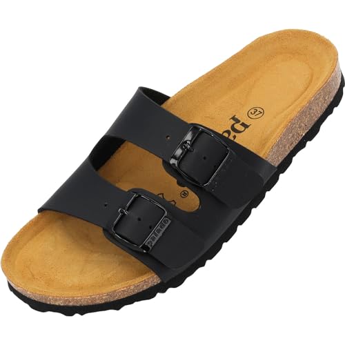 Palado Damen Pantoletten Milos Matt - Sandalen mit Riemen - Hausschuhe mit Natur Kork-Fussbett - bequeme Schuhe mit Sohle aus feinstem Velourleder Schwarz Matt UK4,5 - EU37 von Palado