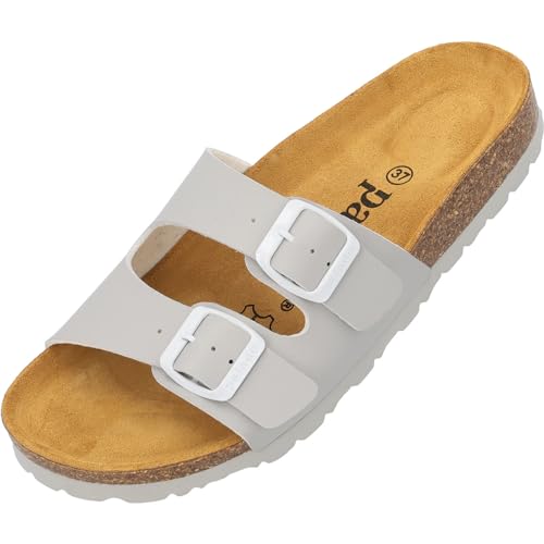 Palado Damen Pantoletten Milos Matt - Sandalen mit Riemen - Hausschuhe mit Natur Kork-Fussbett - Bequeme Schuhe mit Sohle aus feinstem Velourleder hellgaru matt UK3,5 - EU36 von Palado