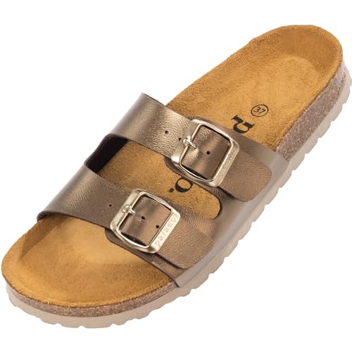 Palado Pantoletten Damen Milos Metallic – elegante Sandalen Made in Spain - bequeme Hausschuhe mit Kork-Fußbett - modische Sommerschuhe bronze UK4,5 - EU37 von Palado