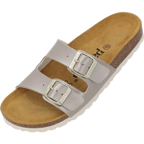 Palado Damen Pantoletten Milos Metallic - Sandalen mit Riemen - Hausschuhe mit Natur Kork-Fussbett - bequeme Schuhe mit Sohle aus feinstem Velourleder Beige UK4,5 - EU37 von Palado