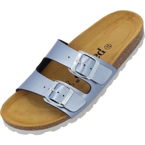 Palado Damen Pantoletten Milos Metallic - Sandalen mit Riemen - Hausschuhe mit Natur Kork-Fussbett - Bequeme Schuhe mit Sohle aus feinstem Velourleder Blau UK9 - EU42 von Palado