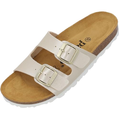 Palado Damen Pantoletten Milos Metallic - Sandalen mit Riemen - Hausschuhe mit Natur Kork-Fussbett - Bequeme Schuhe mit Sohle aus feinstem Velourleder Gold UK4,5 - EU37 von Palado