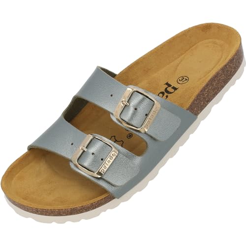 Palado Damen Pantoletten Milos Metallic - Sandalen mit Riemen - Hausschuhe mit Natur Kork-Fussbett - bequeme Schuhe mit Sohle aus feinstem Velourleder Grün UK3,5 - EU36 von Palado