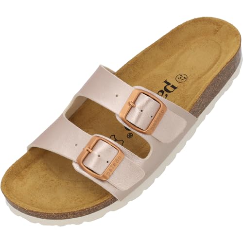 Palado Damen Pantoletten Milos Metallic - Sandalen mit Riemen - Hausschuhe mit Natur Kork-Fussbett - bequeme Schuhe mit Sohle aus Velourleder Rosegold UK4,5 - EU37 von Palado