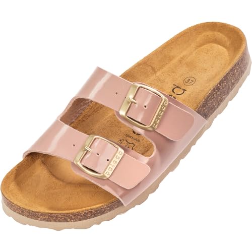 Palado Damen Pantoletten Milos Lack- Sandalen mit Riemen - Hausschuhe mit Natur Kork-Fussbett - bequeme Schuhe mit Sohle aus feinstem Velourleder Lack Pink UK4,5 - EU37 von Palado