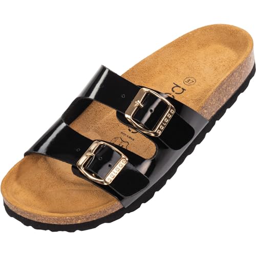 Palado Damen Pantoletten Milos Lack- Sandalen mit Riemen - Hausschuhe mit Natur Kork-Fussbett - bequeme Schuhe mit Sohle aus Velourleder Lack Schwarz UK4,5 - EU37 von Palado