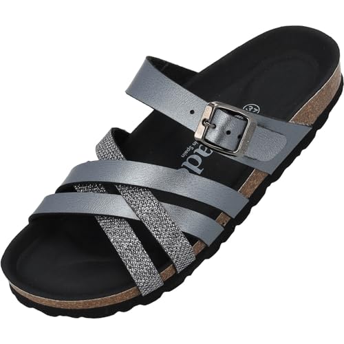 Palado Damen Pantoletten Novati - Sandalen mit Schnalle - Hausschuhe mit Natur Kork-Fussbett - bequeme Schuhe mit Sohle aus feinstem Velourleder Grau (Anthrazit) UK3,5 - EU36 von Palado