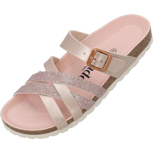 Palado Damen Pantoletten Novati - Sandalen mit Schnalle - Hausschuhe mit Natur Kork-Fussbett - Bequeme Schuhe mit Sohle aus feinstem Velourleder Rosa UK5,5 - EU38 von Palado