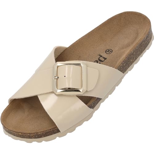 Palado Damen Pantoletten Ranreak - Schuhe mit Riemen - elegante Hausschuhe - Sohle aus feinstem Veloursleder - Sandalen mit Natur Kork-Fußbett Beige Lack UK6 - EU39 von Palado