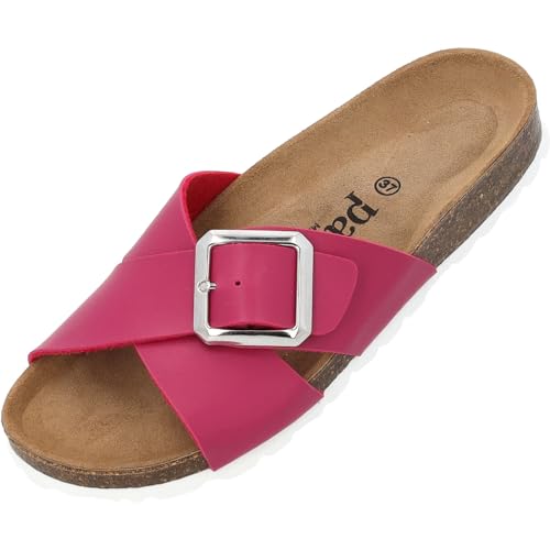 Palado Damen Pantoletten Ranreak - Schuhe mit Riemen - elegante Hausschuhe - Sohle aus feinstem Veloursleder - Sandalen mit Natur Kork-Fußbett Fuchsia Matt UK5,5 - EU38 von Palado