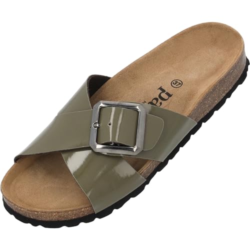 Palado Damen Pantoletten Ranreak - Schuhe mit Riemen - elegante Hausschuhe - Sohle aus feinstem Veloursleder - Sandalen mit Natur Kork-Fußbett Khaki Lack UK4,5 - EU37 von Palado