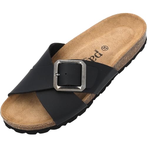 Palado Damen Pantoletten Ranreak - Schuhe mit Riemen - elegante Hausschuhe - Sohle aus feinstem Veloursleder - Sandalen mit Natur Kork-Fußbett Schwarz Matt UK8 - EU41 von Palado