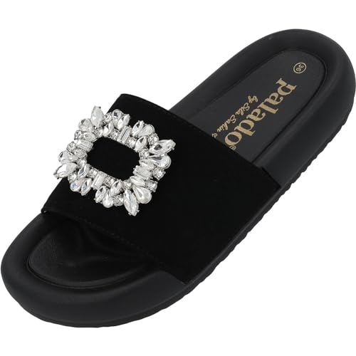 Palado Pantoletten Damen Rocib by Sila Sahin - bequeme Sandalen - Hausschuhe mit Strassapplikation - modische Sommerschuhe Schwarz UK4,5 - EU37 von Palado
