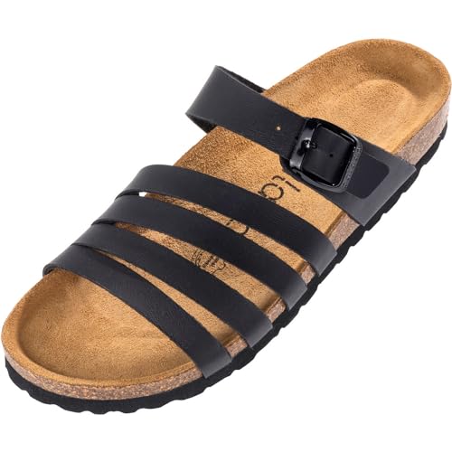 Palado Damen Pantoletten Roma - bequeme Sandaletten mit Kork-Fussbett - modische Hausschuhe mit verstellbarem Riemen - Sandalen für Frauen mit Leder-Laufsohle Basic Matt Schwarz UK8 - EU41 von Palado