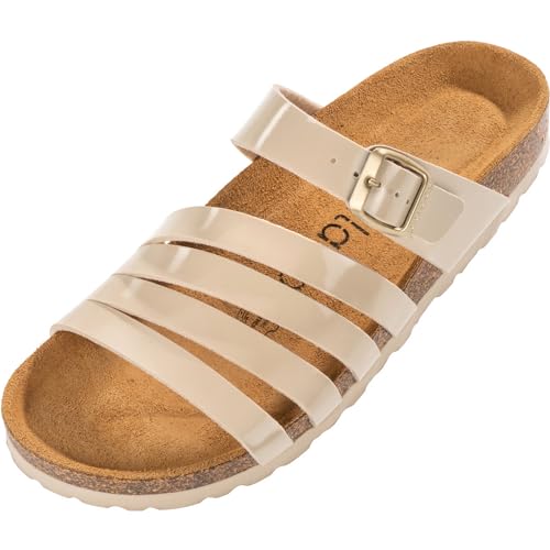 Palado Damen Pantoletten Roma - bequeme Sandaletten mit Kork-Fussbett - modische Hausschuhe mit verstellbarem Riemen - Sandalen für Frauen mit Leder-Laufsohle Lack Beige UK3,5 - EU36 Palado Damen Pantoletten Roma - bequeme Sandaletten mit Kork-Fussbett - modische Hausschuhe mit verstellbarem Riemen - Sandalen für Frauen mit Leder-Laufsohle Lack Beige UK3,5 - EU36 von Palado