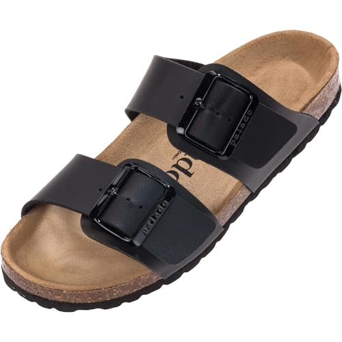 Damen Pantoletten Samos EGS Matt - Sandalen mit verstellbaren Riemen - Hausschuhe - Natur Kork-Fussbett - extra bequem mit Sohle aus Echt Leder Schwarz Matt UK3,5 - EU36 von Palado