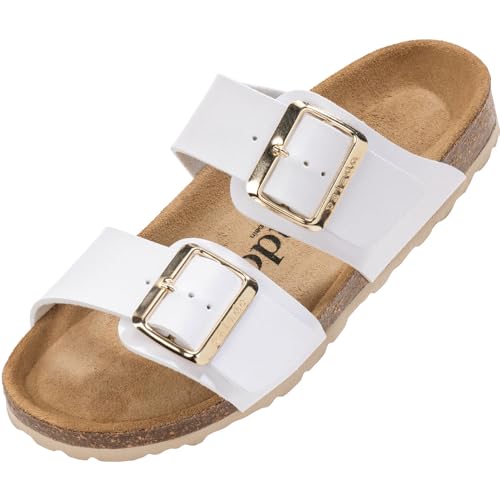 Damen Pantoletten Samos EGS Matt - Sandalen mit verstellbaren Riemen - Hausschuhe - Natur Kork-Fussbett - extra bequem mit Sohle aus Velourleder Weiß Matt UK3,5 - EU36 von Palado