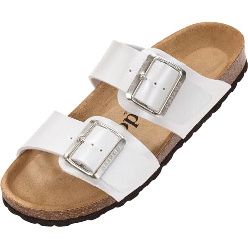 Palado Pantoletten Damen Samos EGS - bequeme Sandalen Made in Spain - Hausschuhe mit dämpfendem Kork-Fußbett - modische Sommerschuhe Weiß Metallic UK3,5 - EU36 von Palado