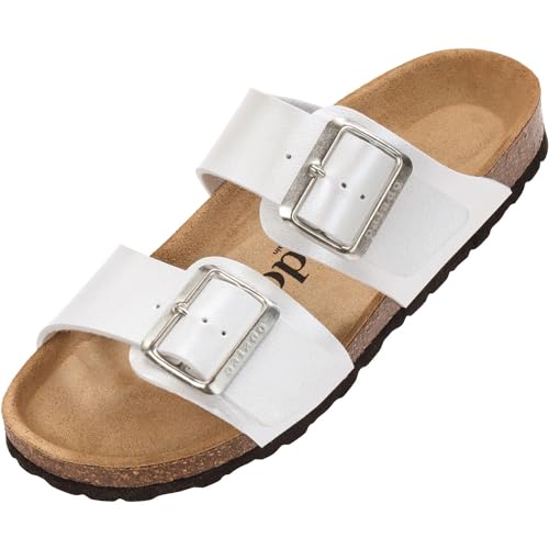 Damen Pantoletten SAMOS EGS Matt - Sandalen mit verstellbaren Riemen - Hausschuhe - Natur Kork-Fussbett - extra bequem mit Sohle aus Velourleder Weiß Metallic UK4,5 - EU37 von Palado