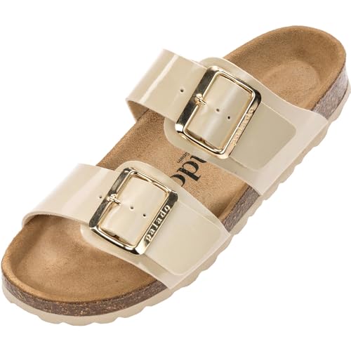 Damen Pantoletten SAMOS EGS Matt - Sandalen mit verstellbaren Riemen - Hausschuhe - Natur Kork-Fussbett - extra bequem mit Sohle aus Velourleder Beige Lack UK4,5 - EU37 von Palado