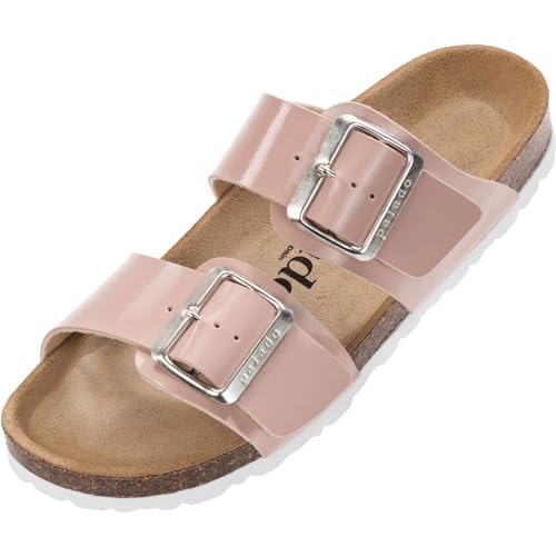 Damen Pantoletten Samos EGS Matt - Sandalen mit verstellbaren Riemen - Hausschuhe - Natur Kork-Fussbett - extra bequem mit Sohle aus Velourleder Rose Lack UK4,5 - EU37 von Palado