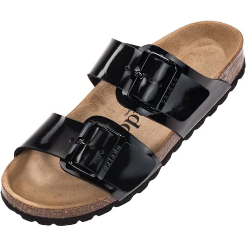 Damen Pantoletten Samos EGS Matt - Sandalen mit verstellbaren Riemen - Hausschuhe - Natur Kork-Fussbett - extra bequem mit Sohle aus Echt Leder Schwarz Lack UK3,5 - EU36 von Palado