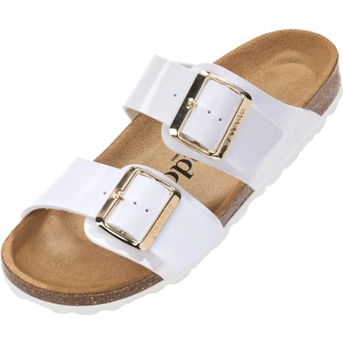 Damen Pantoletten SAMOS EGS Matt - Sandalen mit verstellbaren Riemen - Hausschuhe - Natur Kork-Fussbett - extra bequem mit Sohle aus Velourleder Weiß Lack UK3,5 - EU36 von Palado