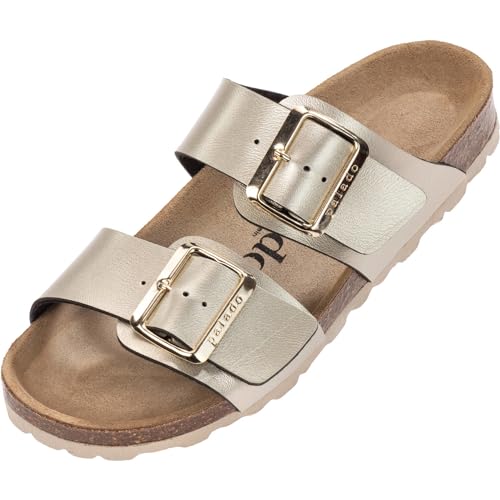 Damen Pantoletten SAMOS EGS Matt - Sandalen mit verstellbaren Riemen - Hausschuhe - Natur Kork-Fussbett - extra bequem mit Sohle aus Velourleder Beige Metallic UK5,5 - EU38 von Palado