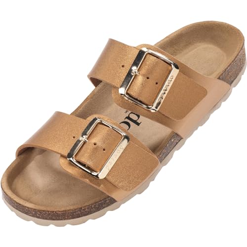 Damen Pantoletten SAMOS EGS Matt - Sandalen mit verstellbaren Riemen - Hausschuhe - Natur Kork-Fussbett - extra bequem mit Sohle aus Velourleder Bronze Metallic UK3,5 - EU36 von Palado