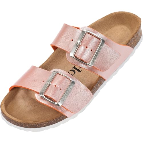 Damen Pantoletten SAMOS EGS Matt - Sandalen mit verstellbaren Riemen - Hausschuhe - Natur Kork-Fussbett - extra bequem mit Sohle aus Velourleder Orange Metallic UK4,5 - EU37 von Palado