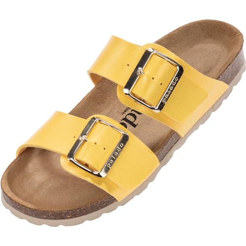 Damen Pantoletten SAMOS EGS Matt - Sandalen mit verstellbaren Riemen - Hausschuhe - Natur Kork-Fussbett - extra bequem mit Sohle aus Velourleder Gelb Metallic UK5,5 - EU38 von Palado