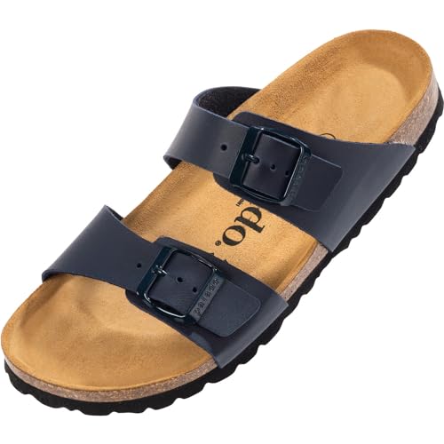 Palado Damen Pantoletten Samos - Schuhe mit verstellbaren Riemen - Hausschuhe mit Sohle aus feinstem Veloursleder - Sandalen mit Natur Kork-Fußbett Basic Matt Blue Blau 37 EU von Palado