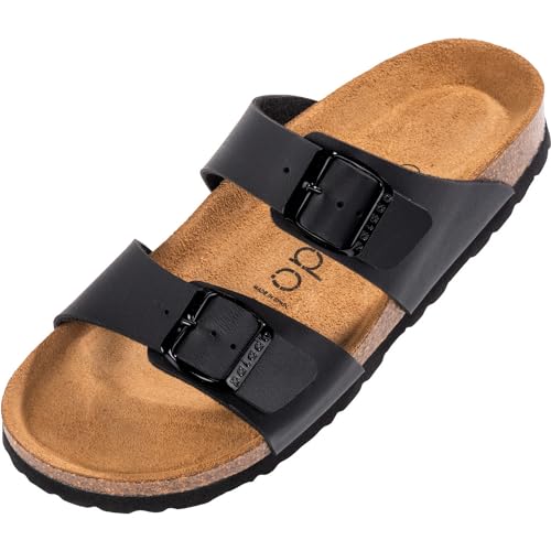 Palado Damen Pantoletten Samos - Schuhe mit verstellbaren Riemen - Hausschuhe mit Sohle aus feinstem Veloursleder - Sandalen mit Natur Kork-Fußbett Basic Matt Schwarz 39 EU von Palado