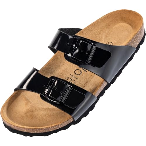 Palado Damen Pantoletten Samos - Schuhe mit verstellbaren Riemen - Hausschuhe mit Sohle aus feinstem Veloursleder - Sandalen mit Natur Kork-Fußbett Lack Schwarz 38 EU von Palado