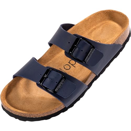 Palado Damen Pantoletten Samos - Schuhe mit verstellbaren Riemen - Hausschuhe mit Sohle aus feinstem Veloursleder - Sandalen mit Natur Kork-Fußbett Basic Matt Blau 37 EU von Palado