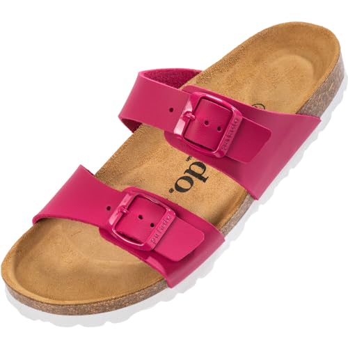 Palado Pantoletten Damen Samos - elegante Sandalen Made in Spain - bequeme Hausschuhe mit dämpfendem Kork-Fußbett - modische Sommerschuhe Matt Fuchsia UK7 - EU40 von Palado