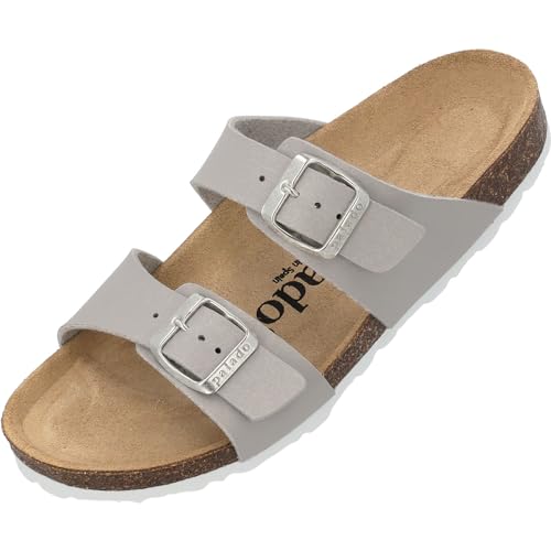 Palado Damen Pantoletten Samos - Schuhe mit verstellbaren Riemen - Hausschuhe mit Sohle aus feinstem Veloursleder - Sandalen mit Natur Kork-Fußbett Basic Matt Grau 2 36 EU von Palado