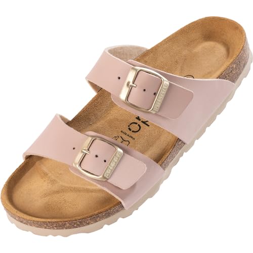 Palado Damen Pantoletten Samos - Schuhe mit verstellbaren Riemen - Hausschuhe mit Sohle aus feinstem Veloursleder - Sandalen mit Natur Kork-Fußbett Basic Matt Rose 36 EU von Palado