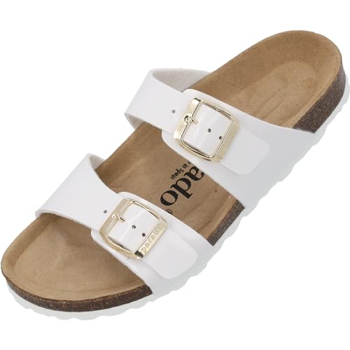 Palado Damen Pantoletten Samos - Schuhe mit verstellbaren Riemen - Hausschuhe mit Sohle aus feinstem Veloursleder - Sandalen mit Natur Kork-Fußbett Lack Weiß Gold 37 EU von Palado