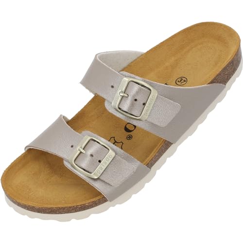 Palado Damen Pantoletten Samos - Schuhe mit verstellbaren Riemen - Hausschuhe mit Sohle aus feinstem Veloursleder - Sandalen mit Natur Kork-Fußbett Metallic Beige 38 EU von Palado