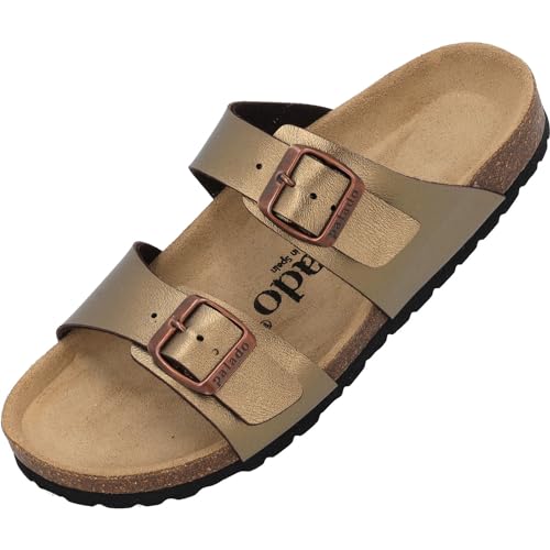 Palado Damen Pantoletten Samos - Schuhe mit verstellbaren Riemen - Hausschuhe mit Sohle aus feinstem Veloursleder - Sandalen mit Natur Kork-Fußbett Metallic Bronze 40 EU von Palado