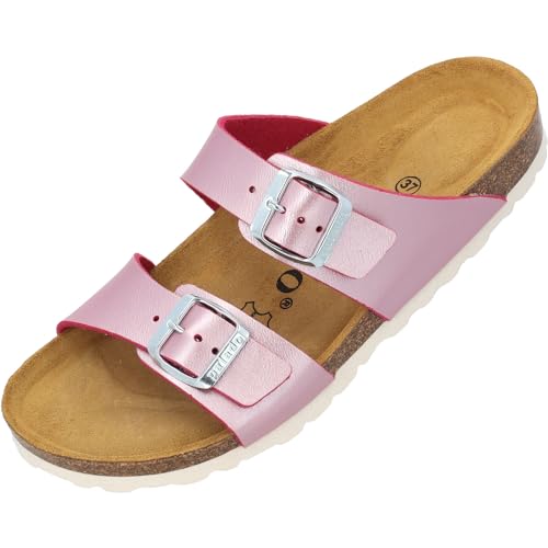 Palado Damen Pantoletten Samos - Schuhe mit verstellbaren Riemen - Hausschuhe mit Sohle aus feinstem Veloursleder - Sandalen mit Natur Kork-Fußbett Metallic Pink 36 EU von Palado