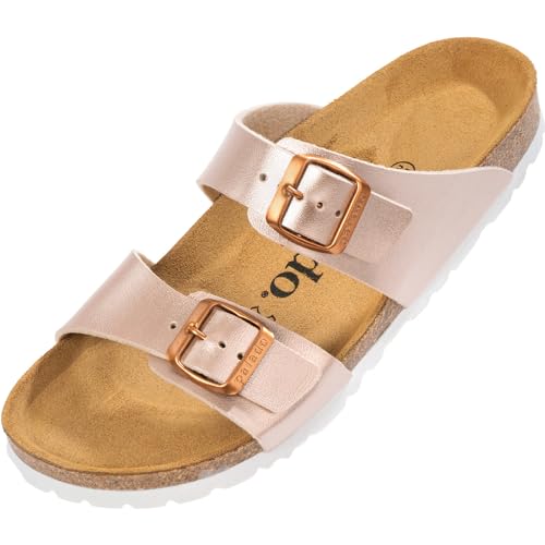 Palado Damen Pantoletten Samos - Schuhe mit verstellbaren Riemen - Hausschuhe mit Sohle aus feinstem Veloursleder - Sandalen mit Natur Kork-Fußbett Metallic Rose 39 EU von Palado