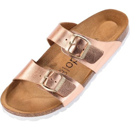 Palado Damen Pantoletten Samos - Schuhe mit verstellbaren Riemen - Outdoor & Hausschuhe mit Sohle aus feinstem Veloursleder - Sandalen mit Natur Kork-Fußbett Metallic Rose 40 EU von Palado