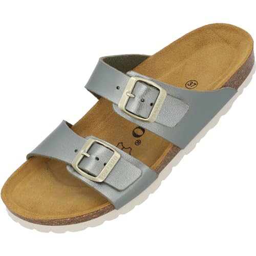 Palado Damen Pantoletten Samos - Schuhe mit verstellbaren Riemen - Hausschuhe mit Sohle aus feinstem Veloursleder - Sandalen mit Natur Kork-Fußbett Metallic olivina khaki 39 EU von Palado