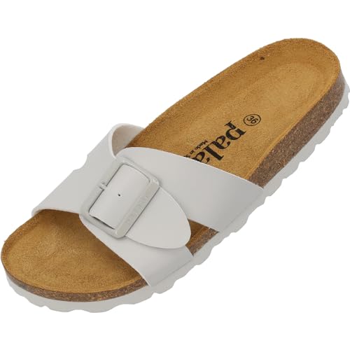 Palado Damen Pantoletten Tinos Matt - Sandalen mit verstellbaren Riemen - Hausschuhe - Natur Kork-Fussbett - extra bequem mit Sohle aus Velourleder Grau UK6 - EU39 von Palado